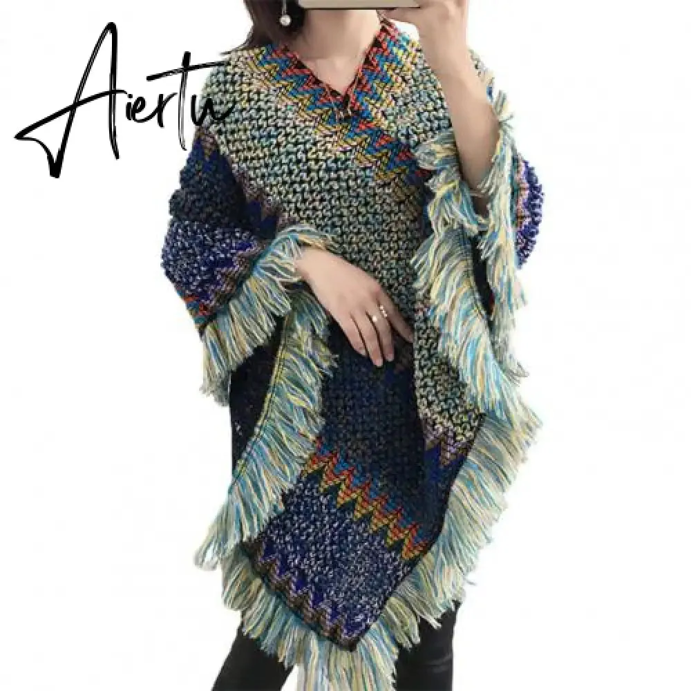 Loose Women Cape Coat Boho Knitted Tassel V Neck Colorful Irregular Hem Autumn Winter Ladies Coat Sweater Cloak Jacket Sweater