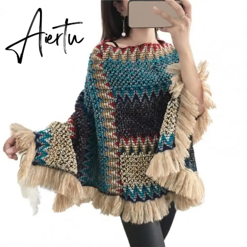 Loose Women Cape Coat Boho Knitted Tassel V Neck Colorful Irregular Hem Autumn Winter Ladies Coat Sweater Cloak Jacket Sweater