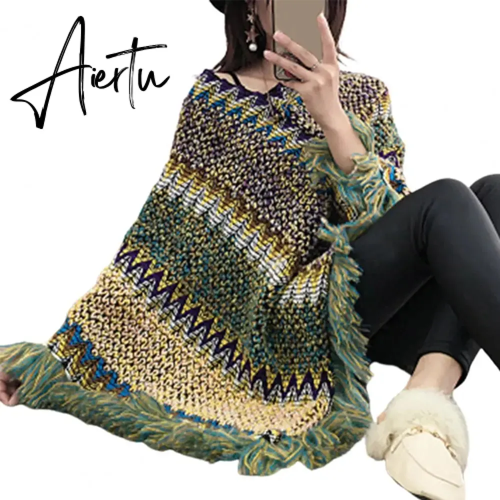 Loose Women Cape Coat Boho Knitted Tassel V Neck Colorful Irregular Hem Autumn Winter Ladies Coat Sweater Cloak Jacket Sweater