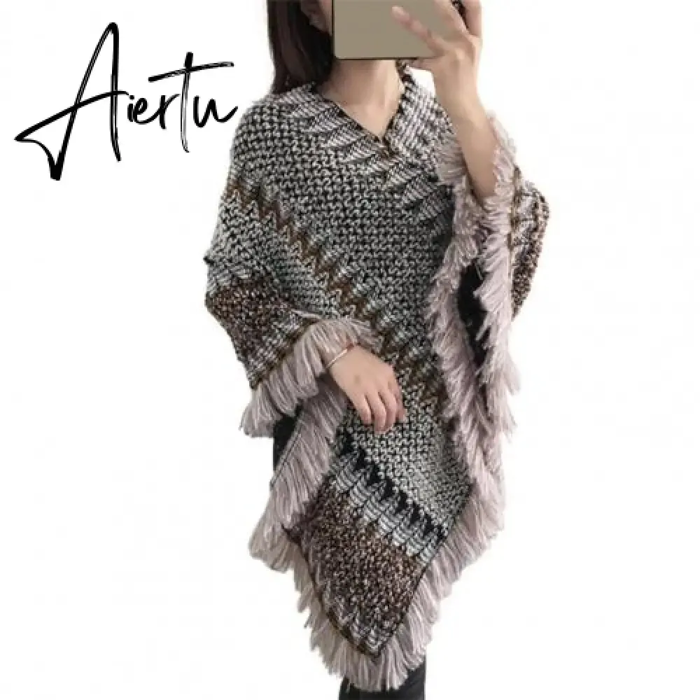 Loose Women Cape Coat Boho Knitted Tassel V Neck Colorful Irregular Hem Autumn Winter Ladies Coat Sweater Cloak Jacket Sweater