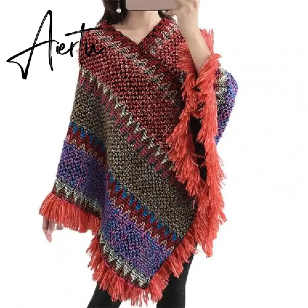 Loose Women Cape Coat Boho Knitted Tassel V Neck Colorful Irregular Hem Autumn Winter Ladies Coat Sweater Cloak Jacket Sweater