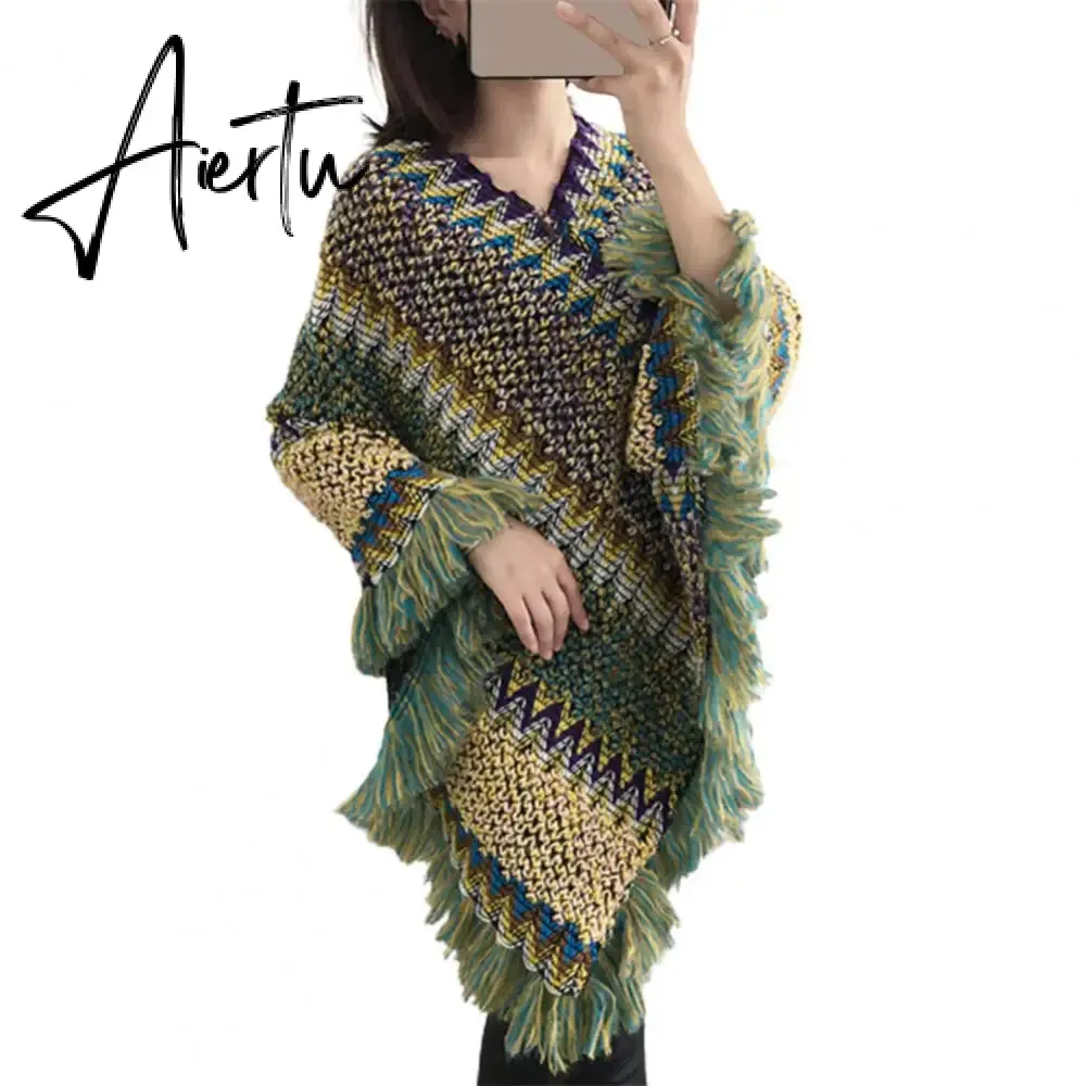 Loose Women Cape Coat Boho Knitted Tassel V Neck Colorful Irregular Hem Autumn Winter Ladies Coat Sweater Cloak Jacket Sweater