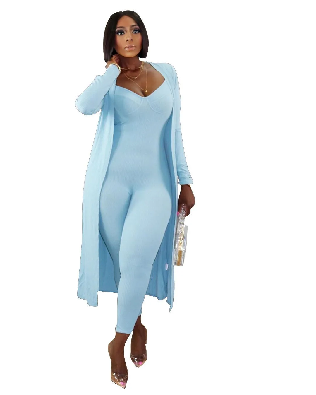 LovelyRLovely Ribbed Long-sleeved Coat And Bodysuit 2pcs Suit