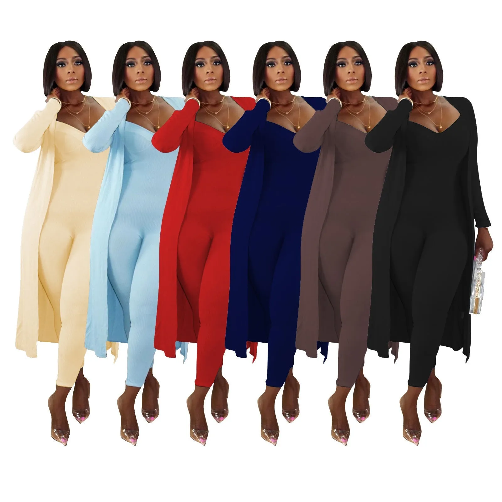 LovelyRLovely Ribbed Long-sleeved Coat And Bodysuit 2pcs Suit