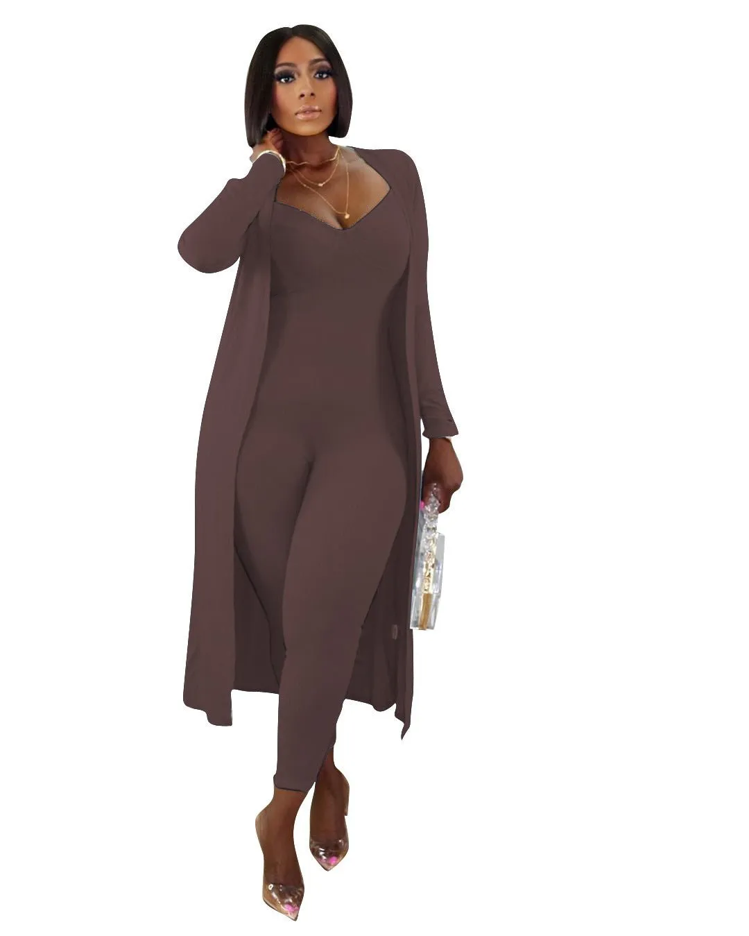LovelyRLovely Ribbed Long-sleeved Coat And Bodysuit 2pcs Suit