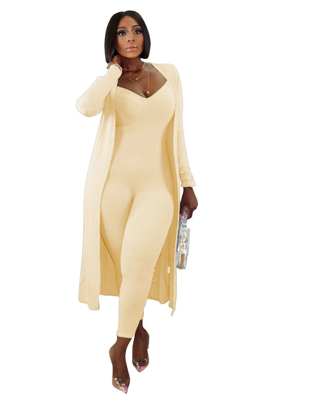 LovelyRLovely Ribbed Long-sleeved Coat And Bodysuit 2pcs Suit