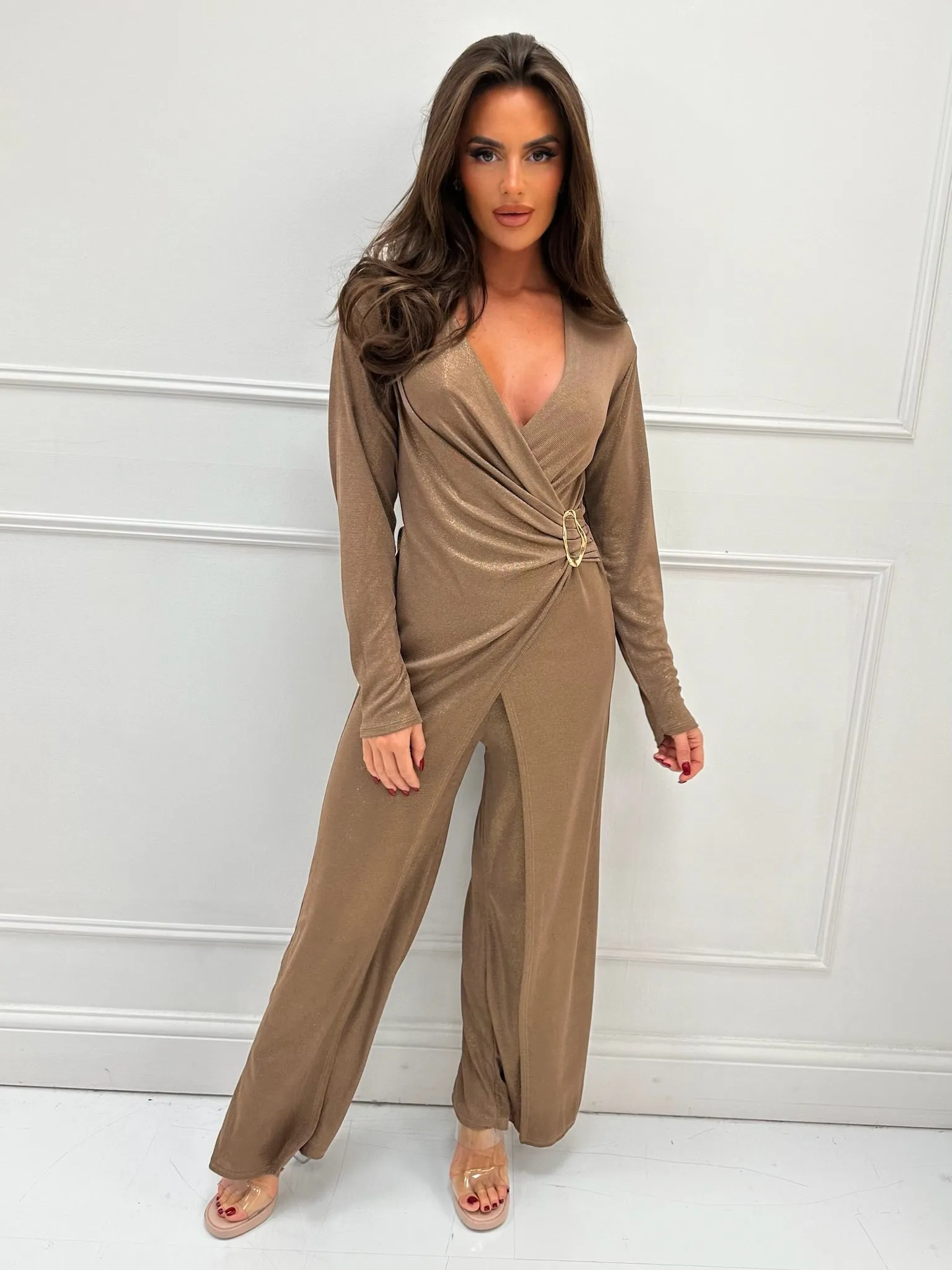Maggie taupe shimmer buckle jumpsuit