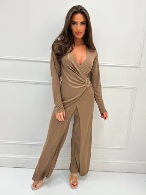 Maggie taupe shimmer buckle jumpsuit