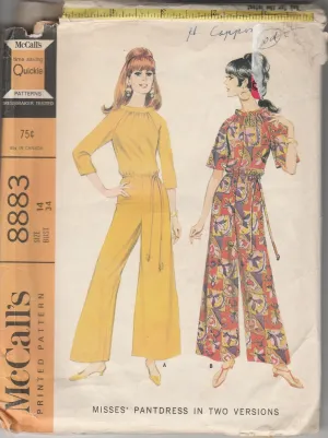 McCall's 8883 Vintage 1960's Pattern Ladies Mod Jumpsuit Pantdress Raglan Bell Sleeves