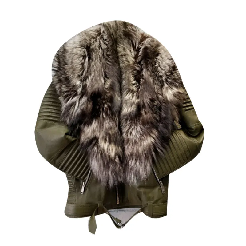 MEN GREEN- BIKER RIBBLES WITH CRYSTAL FOX FUR