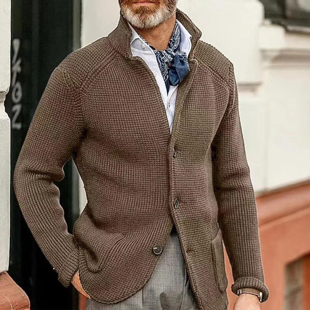 Men Sweater Coat Lapel Solid Color Long Sleeves Pockets Single-breasted sweatshirt