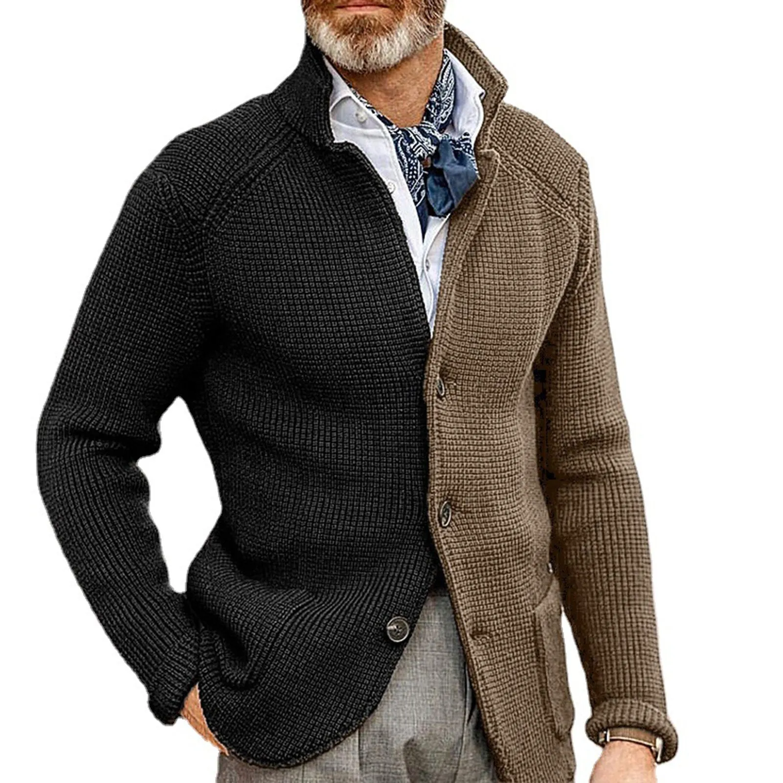 Men Sweater Coat Lapel Solid Color Long Sleeves Pockets Single-breasted sweatshirt
