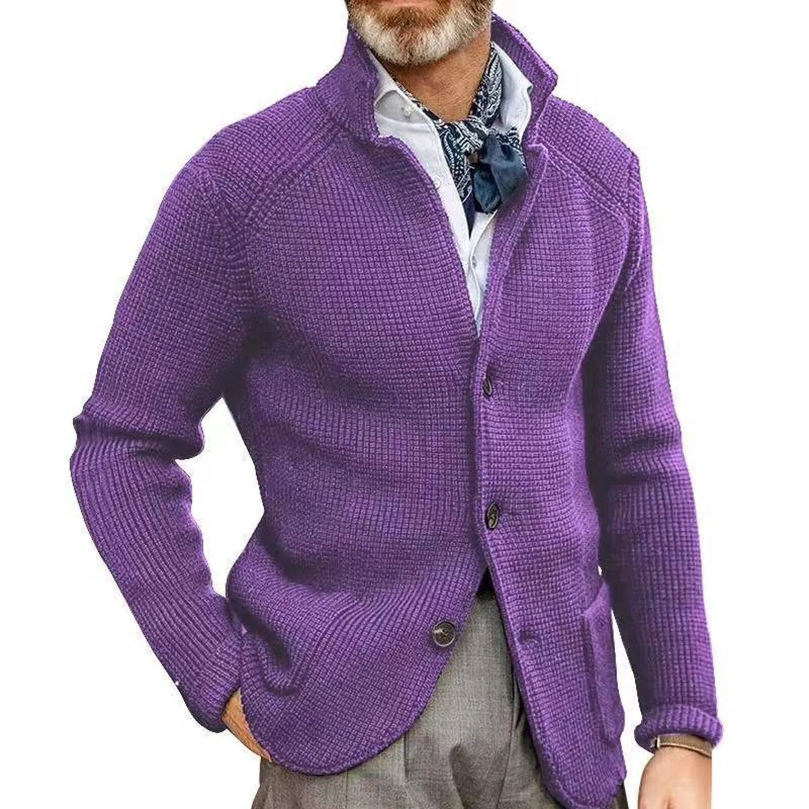 Men Sweater Coat Lapel Solid Color Long Sleeves Pockets Single-breasted sweatshirt