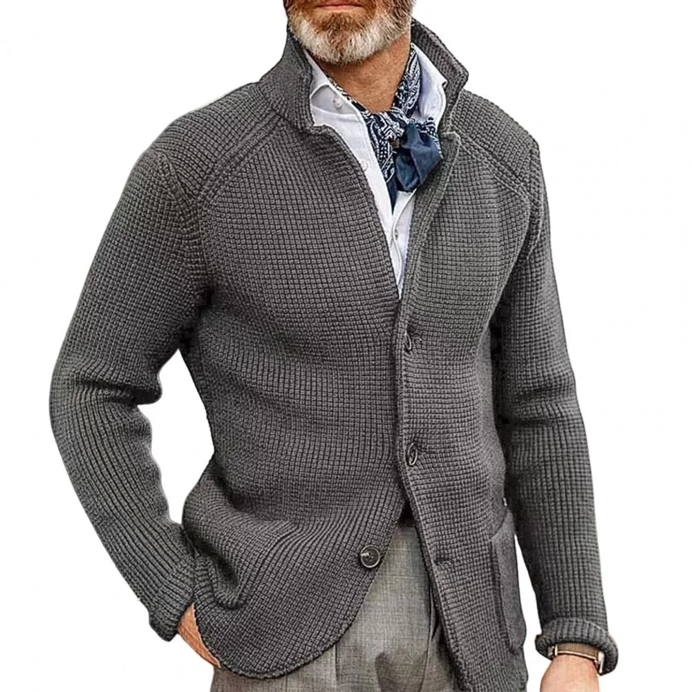 Men Sweater Coat Lapel Solid Color Long Sleeves Pockets Single-breasted sweatshirt