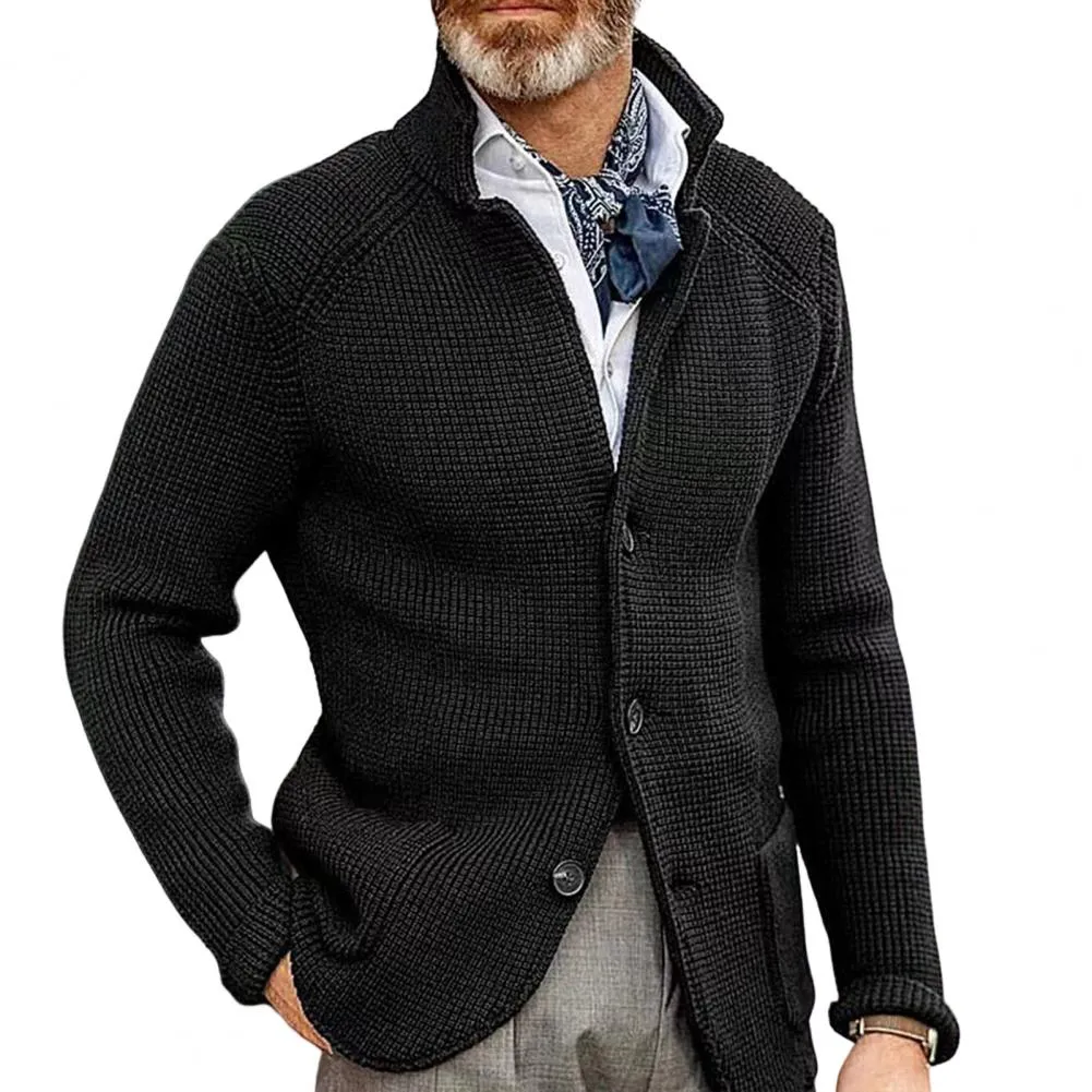 Men Sweater Coat Lapel Solid Color Long Sleeves Pockets Single-breasted sweatshirt