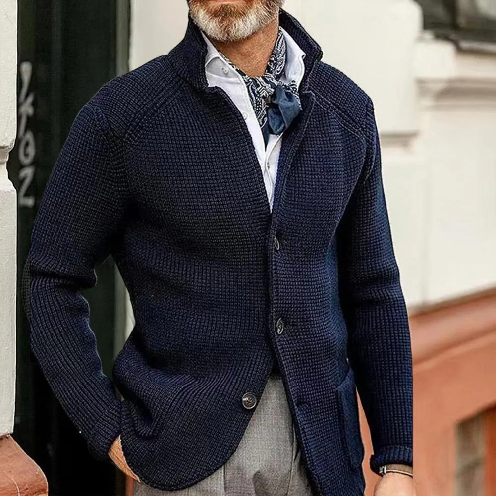 Men Sweater Coat Lapel Solid Color Long Sleeves Pockets Single-breasted sweatshirt