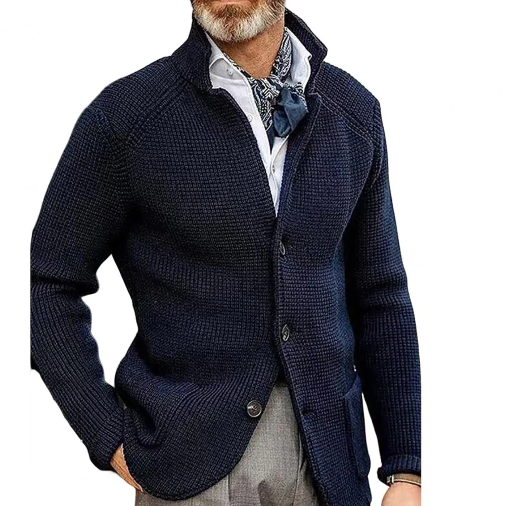 Men Sweater Coat Lapel Solid Color Long Sleeves Pockets Single-breasted sweatshirt