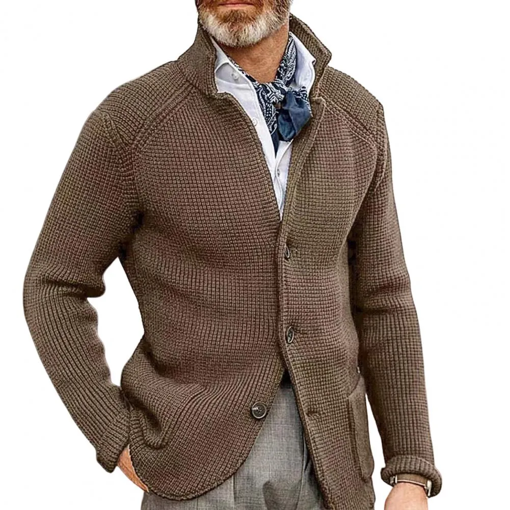 Men Sweater Coat Lapel Solid Color Long Sleeves Pockets Single-breasted sweatshirt