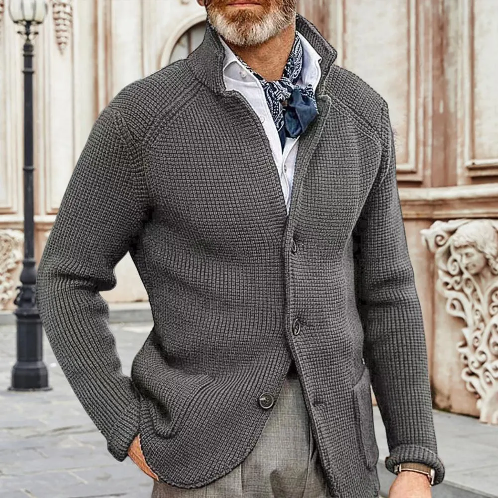 Men Sweater Coat Lapel Solid Color Long Sleeves Pockets Single-breasted sweatshirt