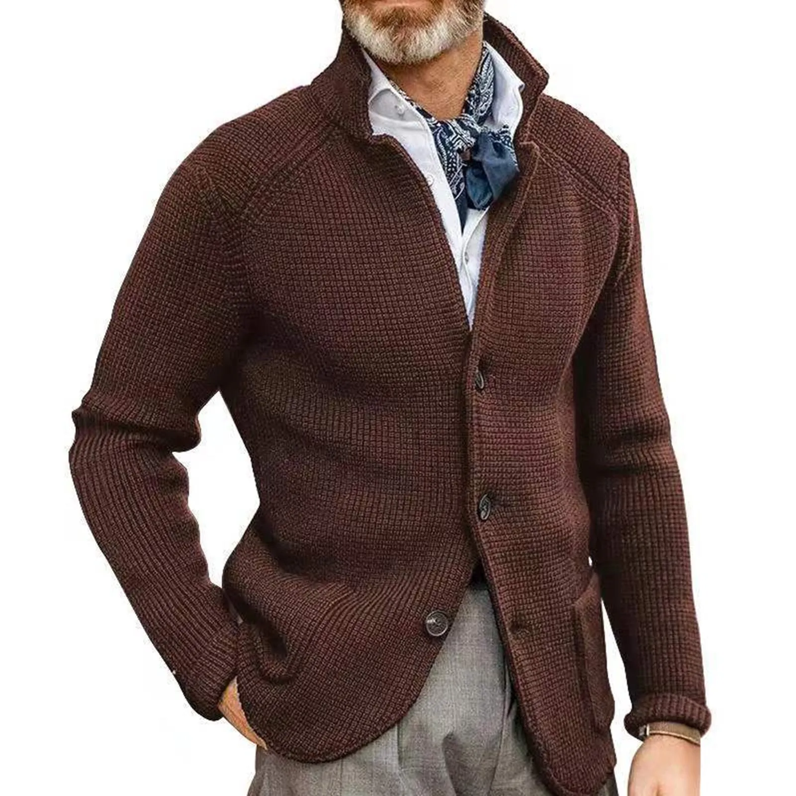 Men Sweater Coat Lapel Solid Color Long Sleeves Pockets Single-breasted sweatshirt