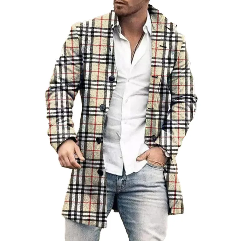 Men's Mid-Length Plaid Print Casual Coat 42483138L