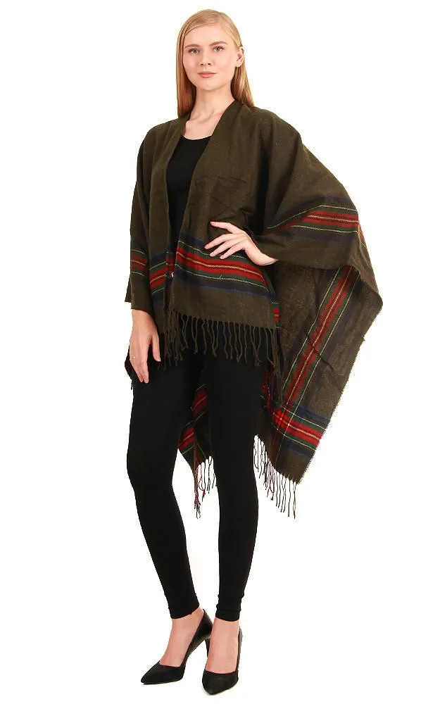Olive W/Plaid Border Ruana