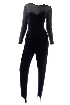 ON HOLD // Vintage 1990s Black Bodycon Stretch Catsuit Jumpsuit W Illusion Bodice