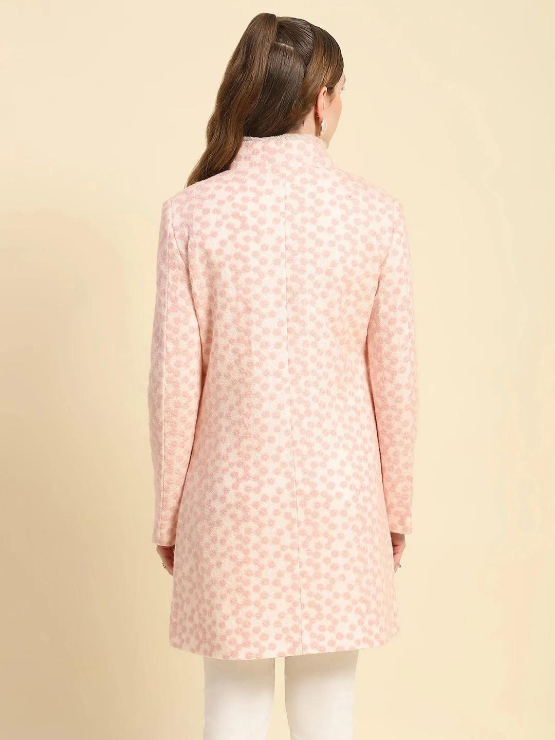 Pink Floral Embroidery Poly Acrylic Regular Fit Coat