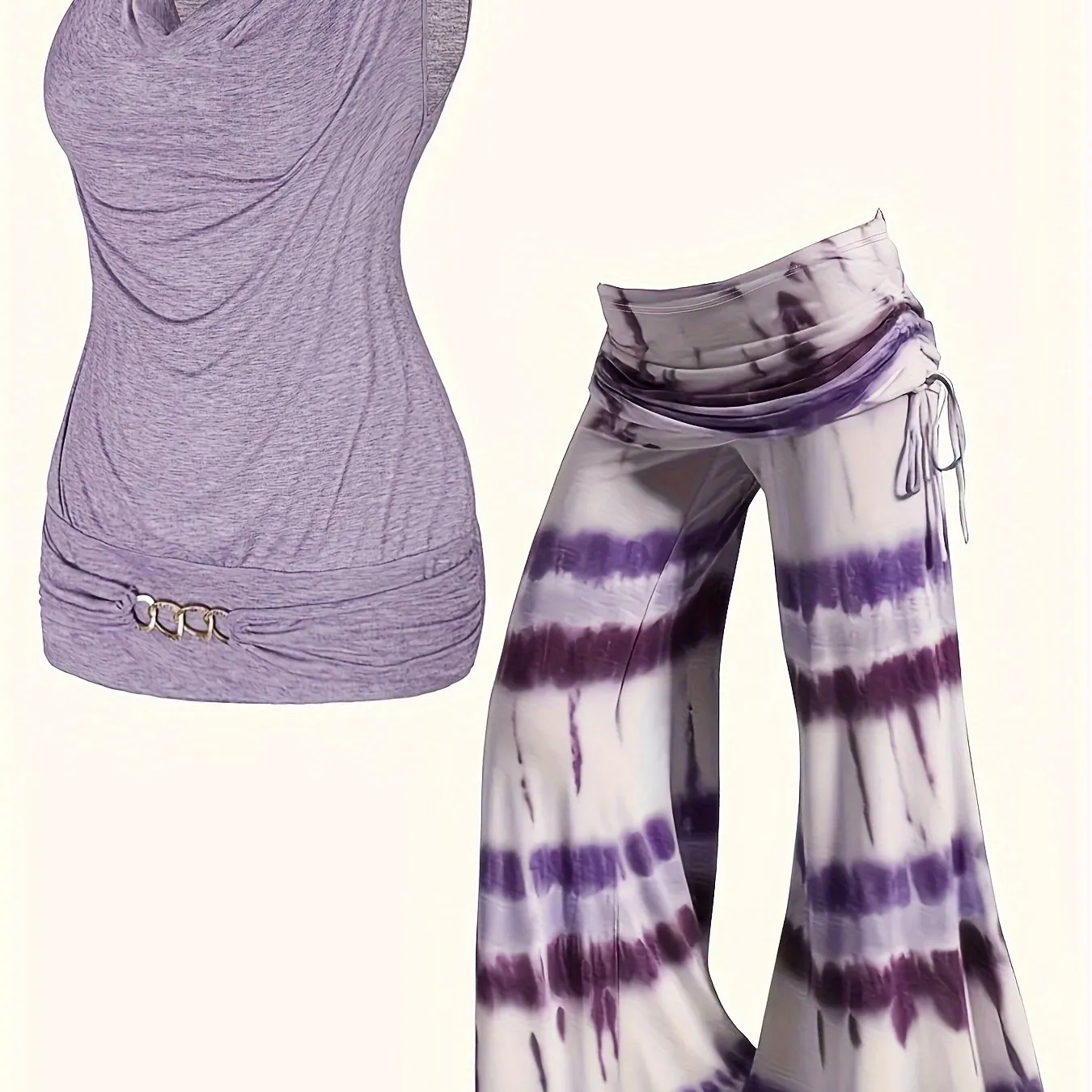 Plus Size Solid Two-Piece Set - Chain Decor Turtleneck Tank Top & Side Tie Ruched Wide Leg Pants Ensemble for Casual Chic