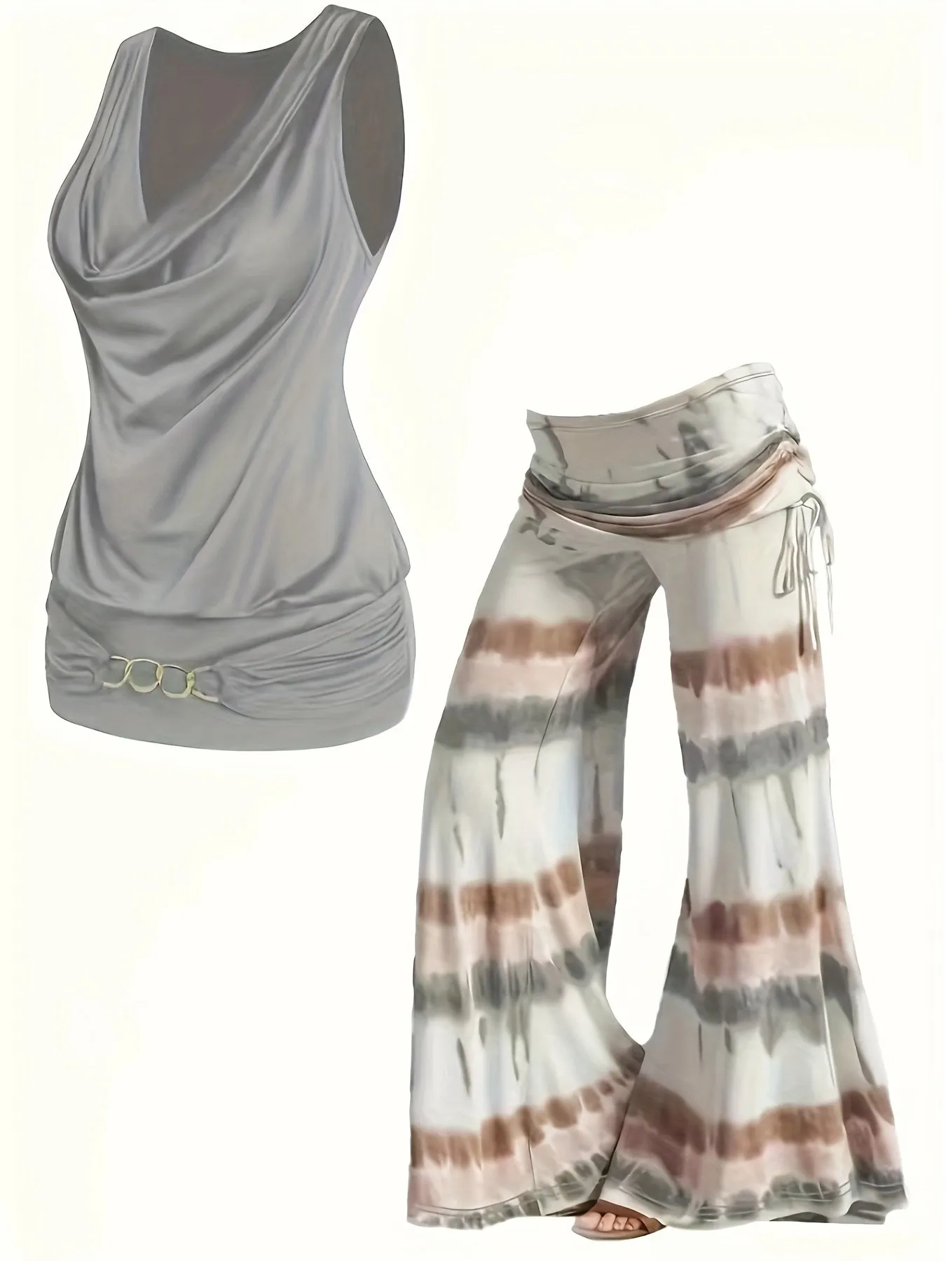 Plus Size Solid Two-Piece Set - Chain Decor Turtleneck Tank Top & Side Tie Ruched Wide Leg Pants Ensemble for Casual Chic