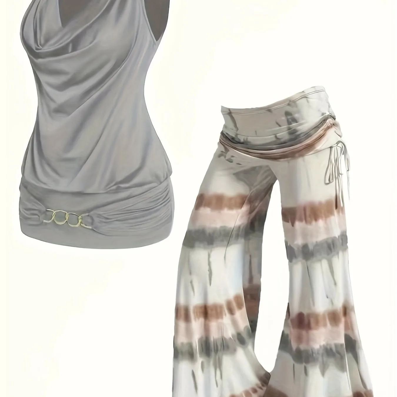 Plus Size Solid Two-Piece Set - Chain Decor Turtleneck Tank Top & Side Tie Ruched Wide Leg Pants Ensemble for Casual Chic