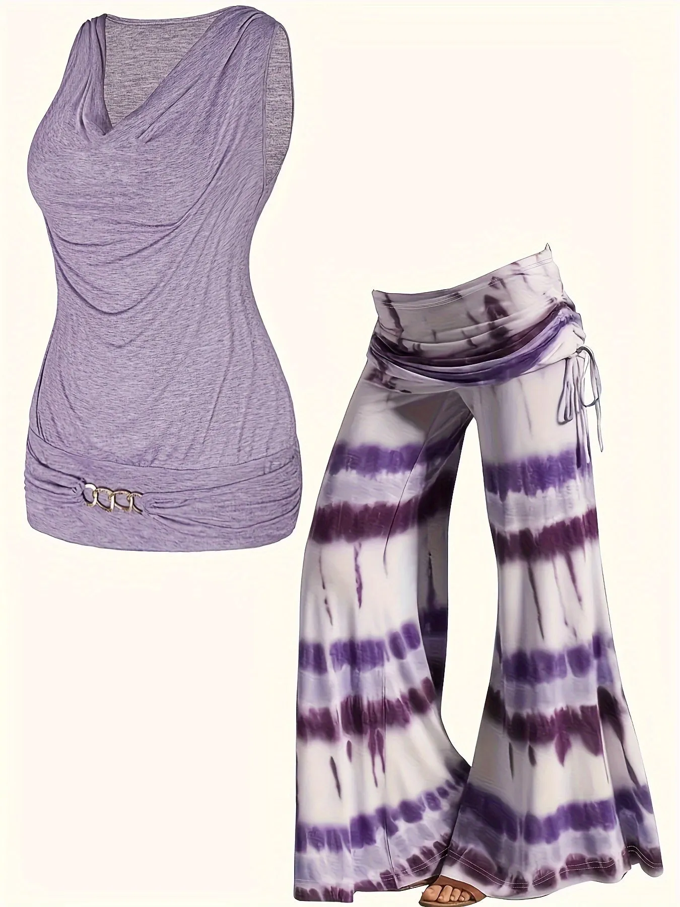 Plus Size Solid Two-Piece Set - Chain Decor Turtleneck Tank Top & Side Tie Ruched Wide Leg Pants Ensemble for Casual Chic
