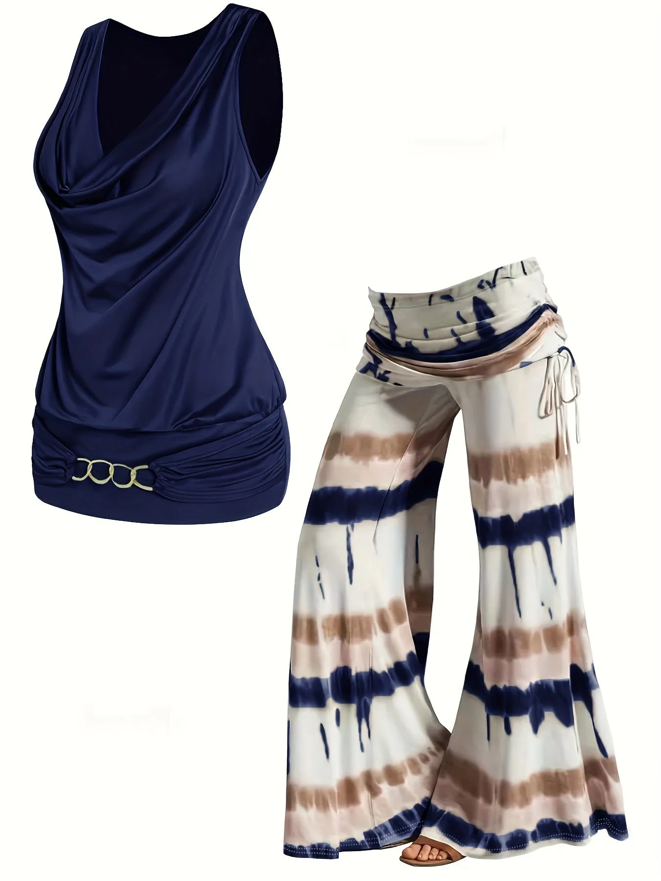 Plus Size Solid Two-Piece Set - Chain Decor Turtleneck Tank Top & Side Tie Ruched Wide Leg Pants Ensemble for Casual Chic