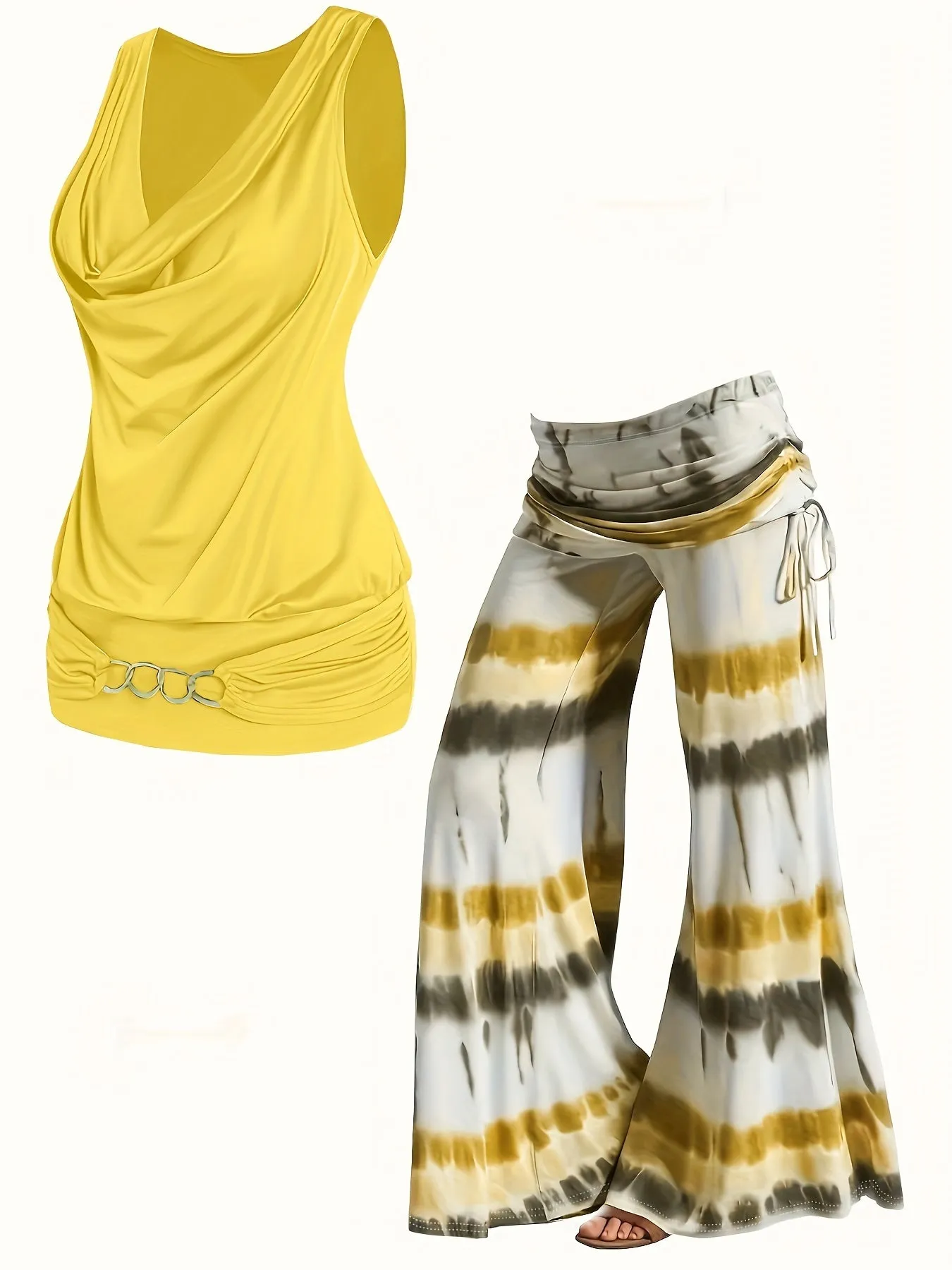 Plus Size Solid Two-Piece Set - Chain Decor Turtleneck Tank Top & Side Tie Ruched Wide Leg Pants Ensemble for Casual Chic