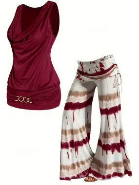 Plus Size Solid Two-Piece Set - Chain Decor Turtleneck Tank Top & Side Tie Ruched Wide Leg Pants Ensemble for Casual Chic