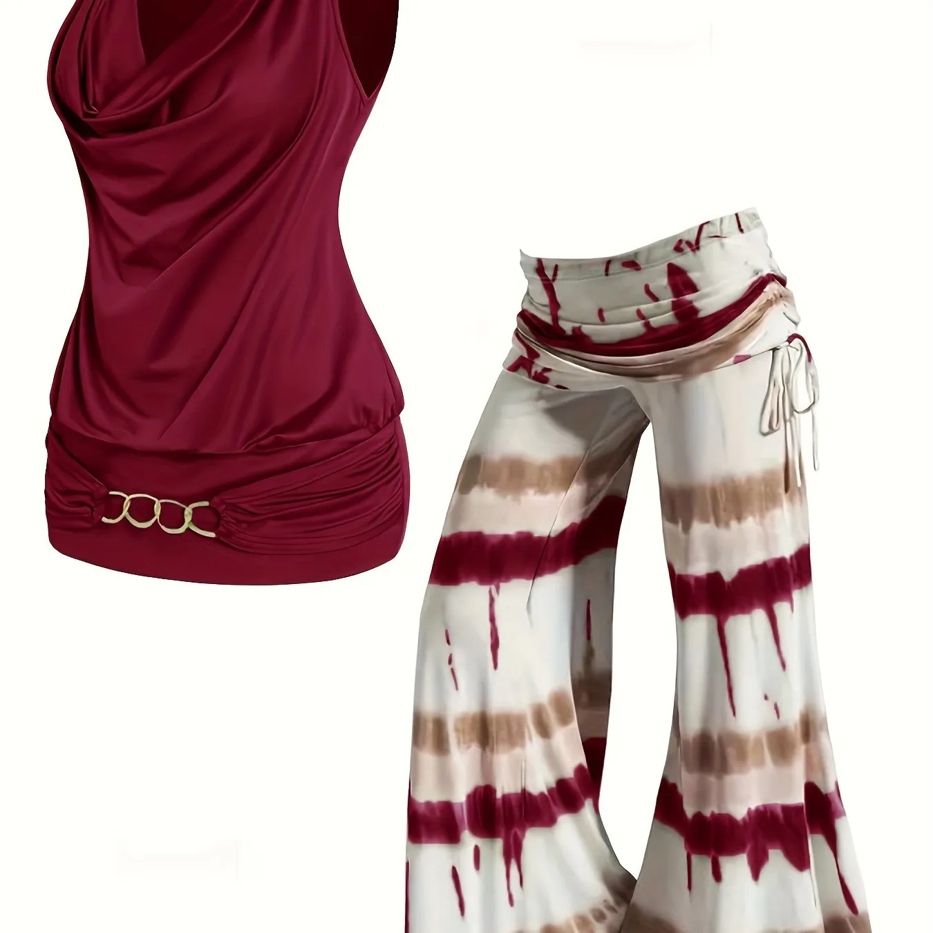 Plus Size Solid Two-Piece Set - Chain Decor Turtleneck Tank Top & Side Tie Ruched Wide Leg Pants Ensemble for Casual Chic