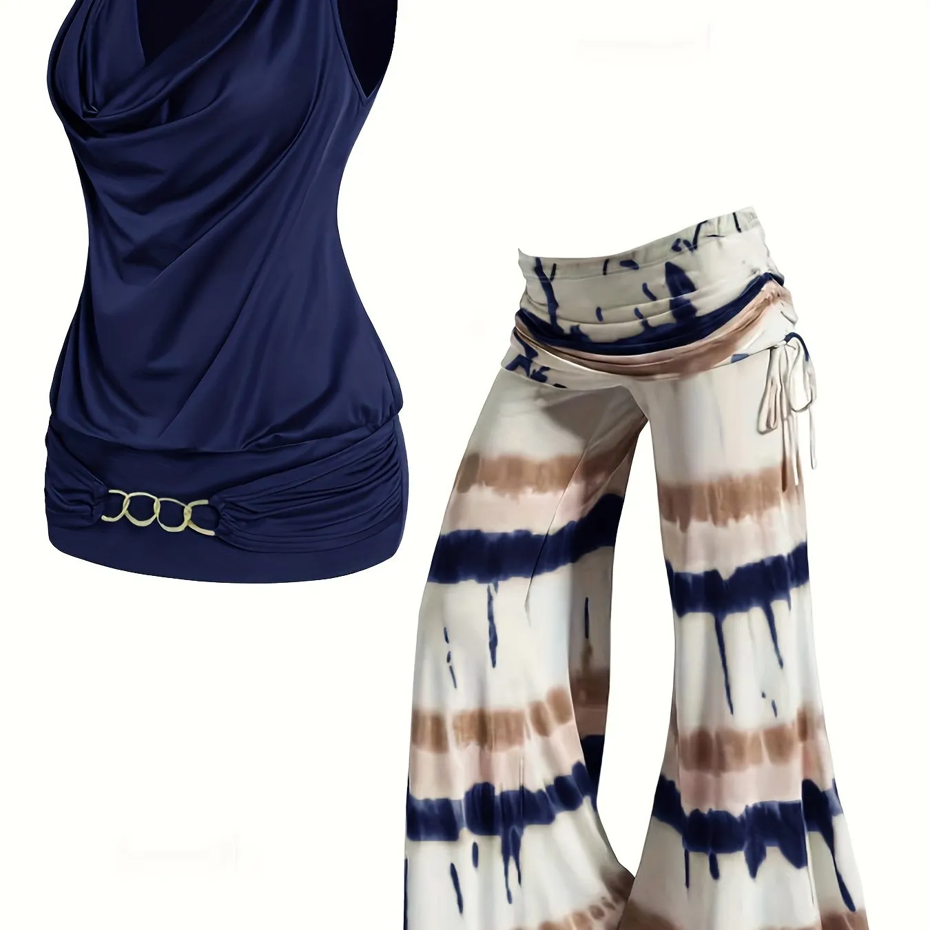 Plus Size Solid Two-Piece Set - Chain Decor Turtleneck Tank Top & Side Tie Ruched Wide Leg Pants Ensemble for Casual Chic
