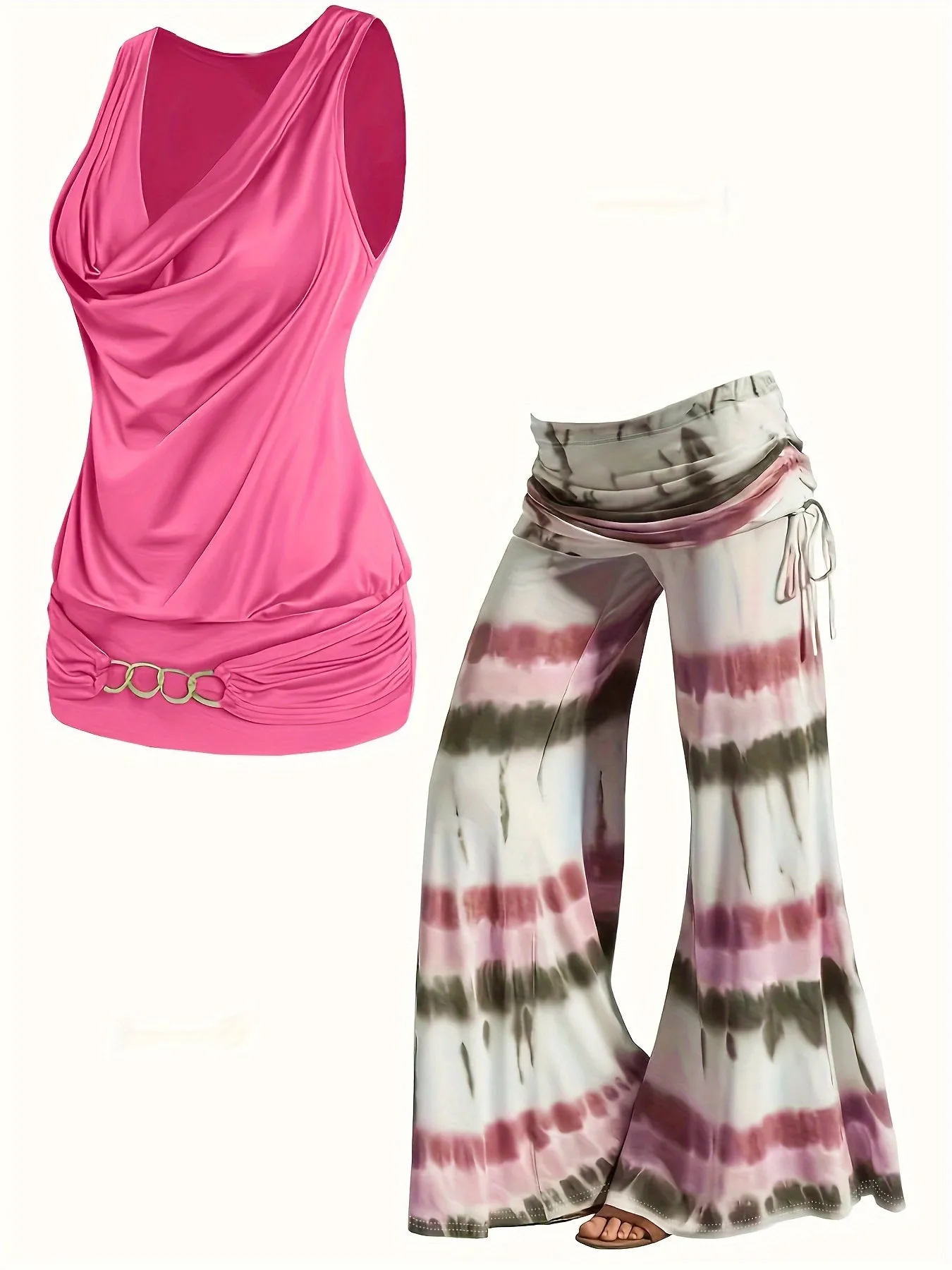 Plus Size Solid Two-Piece Set - Chain Decor Turtleneck Tank Top & Side Tie Ruched Wide Leg Pants Ensemble for Casual Chic