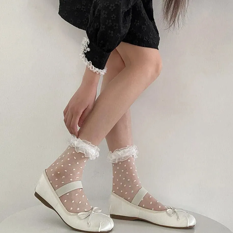 Polka Dot Socks with RuffleTransparent Ankle Mesh Socks for Ballet