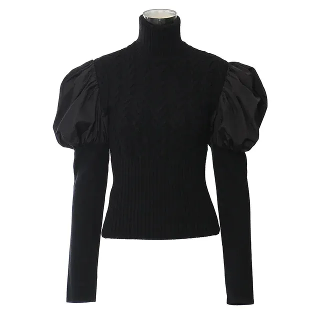 Pre Order:  Spliced Bubble Sleeve Turtleneck Slim Knitted Top