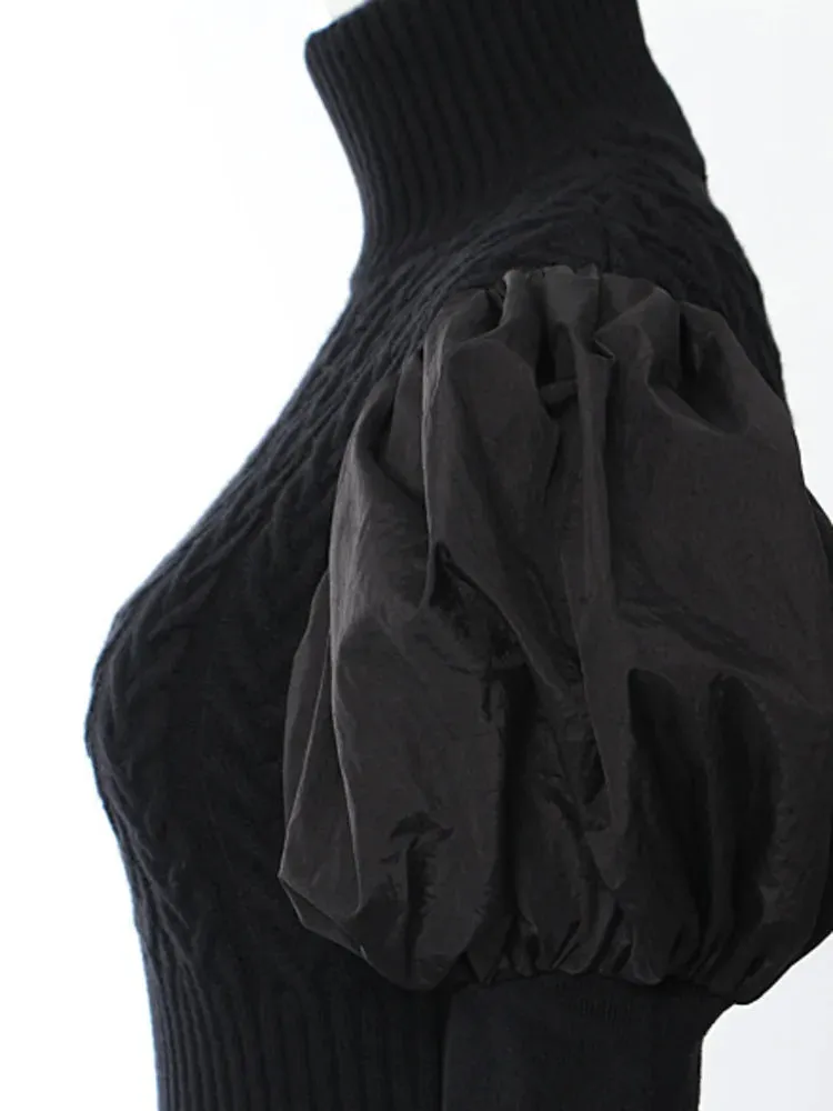 Pre Order:  Spliced Bubble Sleeve Turtleneck Slim Knitted Top