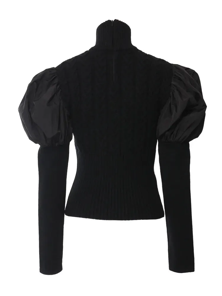 Pre Order:  Spliced Bubble Sleeve Turtleneck Slim Knitted Top