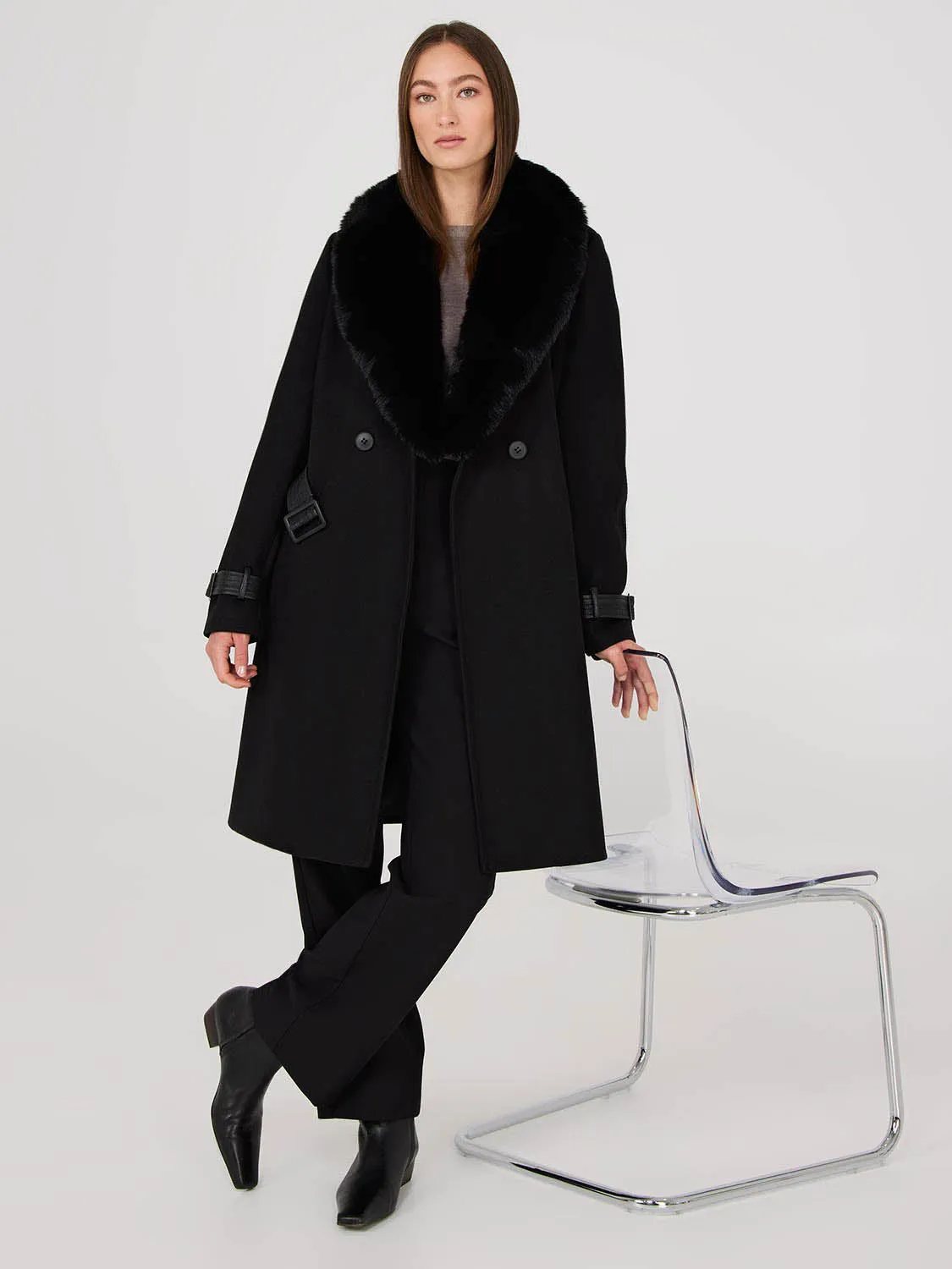 Removable Faux Fur Collar Wrap Coat