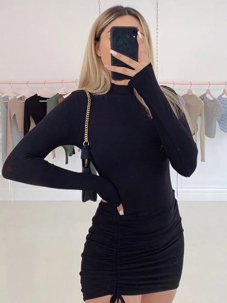 Ruched Turtleneck Bodycon Dress /Autumn Chic in Black