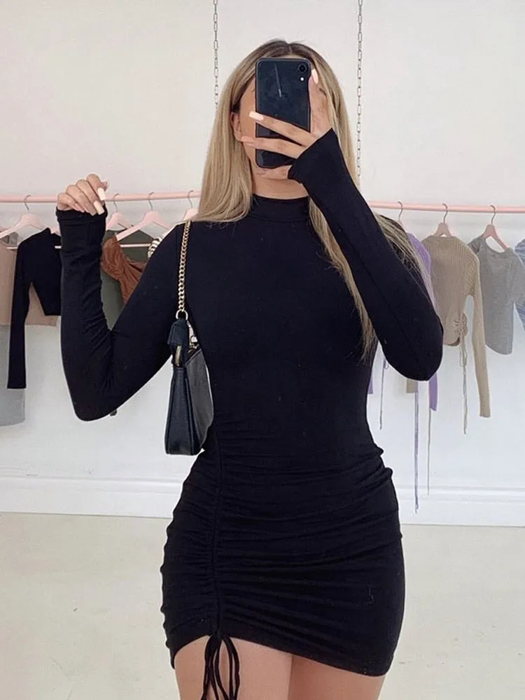 Ruched Turtleneck Bodycon Dress /Autumn Chic in Black