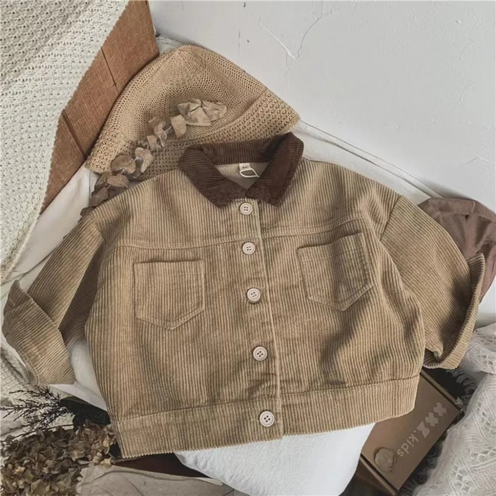 Simple Retro Children's Contrast Corduroy Lapel Coat For Boys And Girls Loose Jacket Spring And Autumn Wholesale Baby Clothes