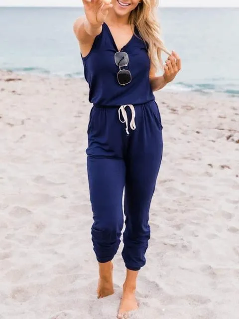 Sleeveless Lace-up Casual Solid Jumpsuit