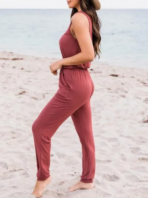 Sleeveless Lace-up Casual Solid Jumpsuit