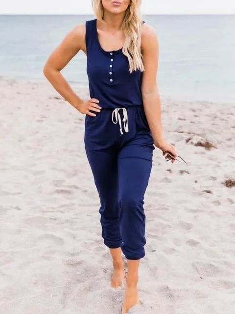 Sleeveless Lace-up Casual Solid Jumpsuit