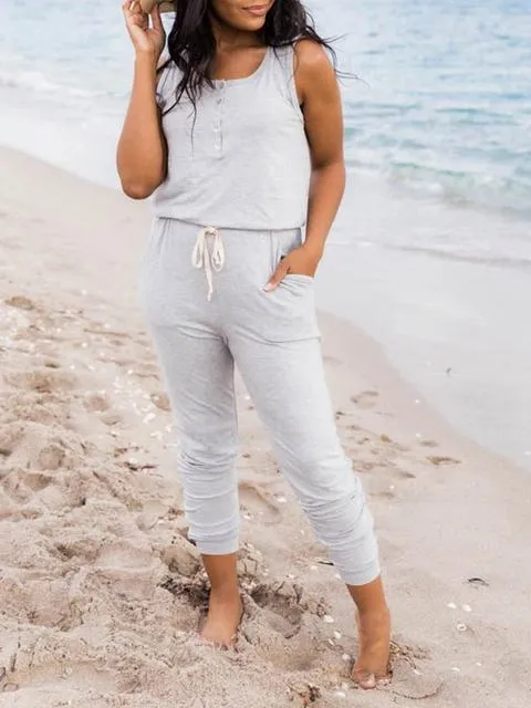 Sleeveless Lace-up Casual Solid Jumpsuit